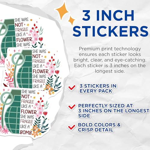 (3 Pack) Fragile Like a Bomb Decals - Floral Grenade - Empowerment Laptop Decal - 3 Inches On Longest Side - Easy Peel & Apply - Made in USA - 3MCS2968