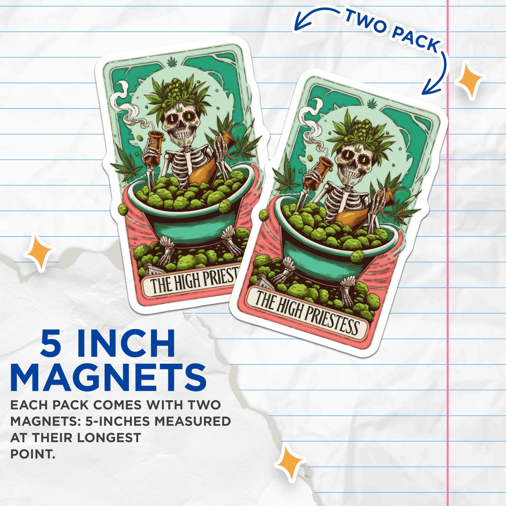 (2 Pack) High Priestess Magnets - Cannabis Skeleton Tarot - Mystical Stoner Decor - 5 Inches On Longest Side - Thick Durable Magnet - Made in USA - MAG21918