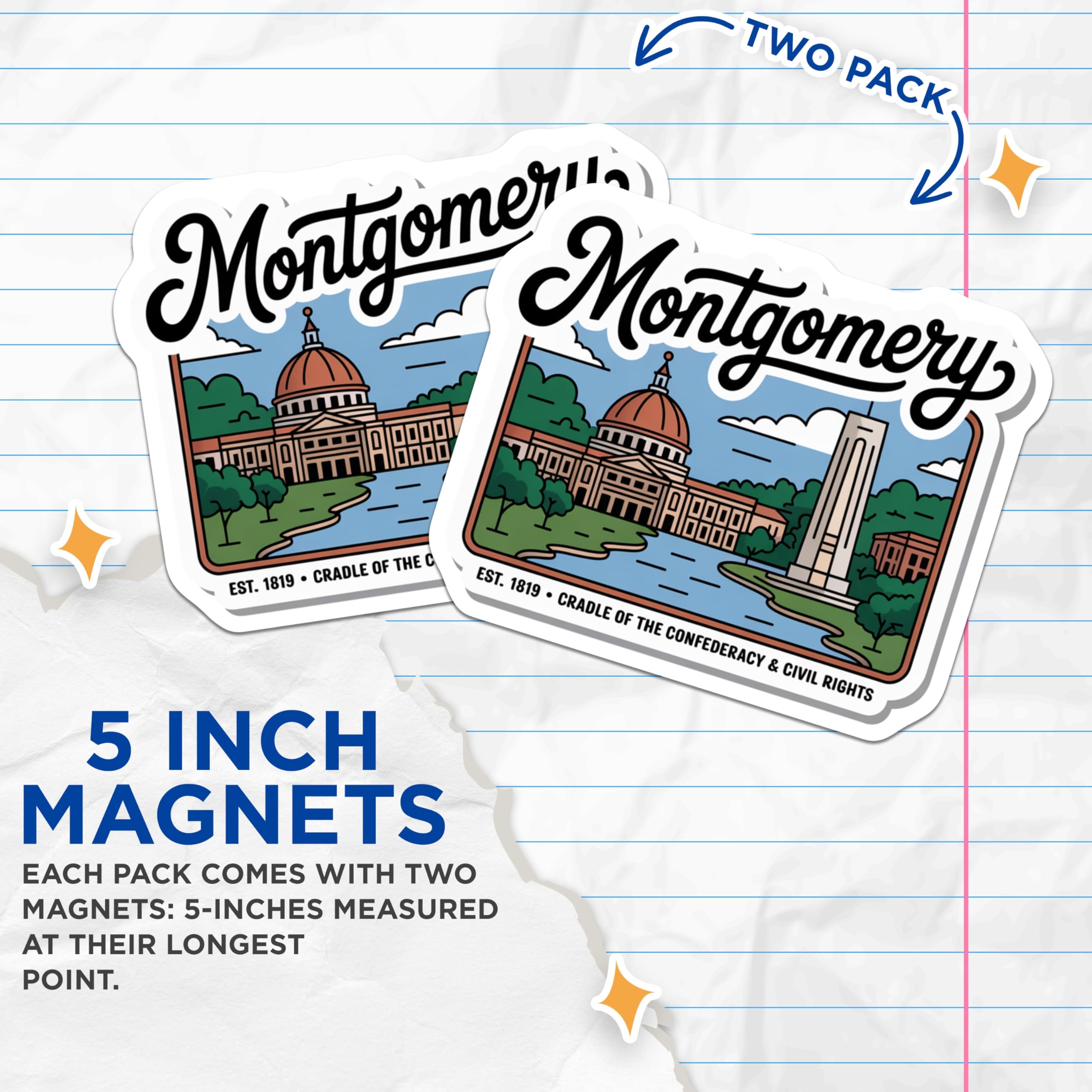 (2 Pack) Montgomery Alabama Magnets - City Souvenir Magnets - Travel Destination Decor - 5" On Longest Side - Premium Magnet - for Cars, Refrigerators, Toolboxes, Lockers - Made in USA - MAG17523