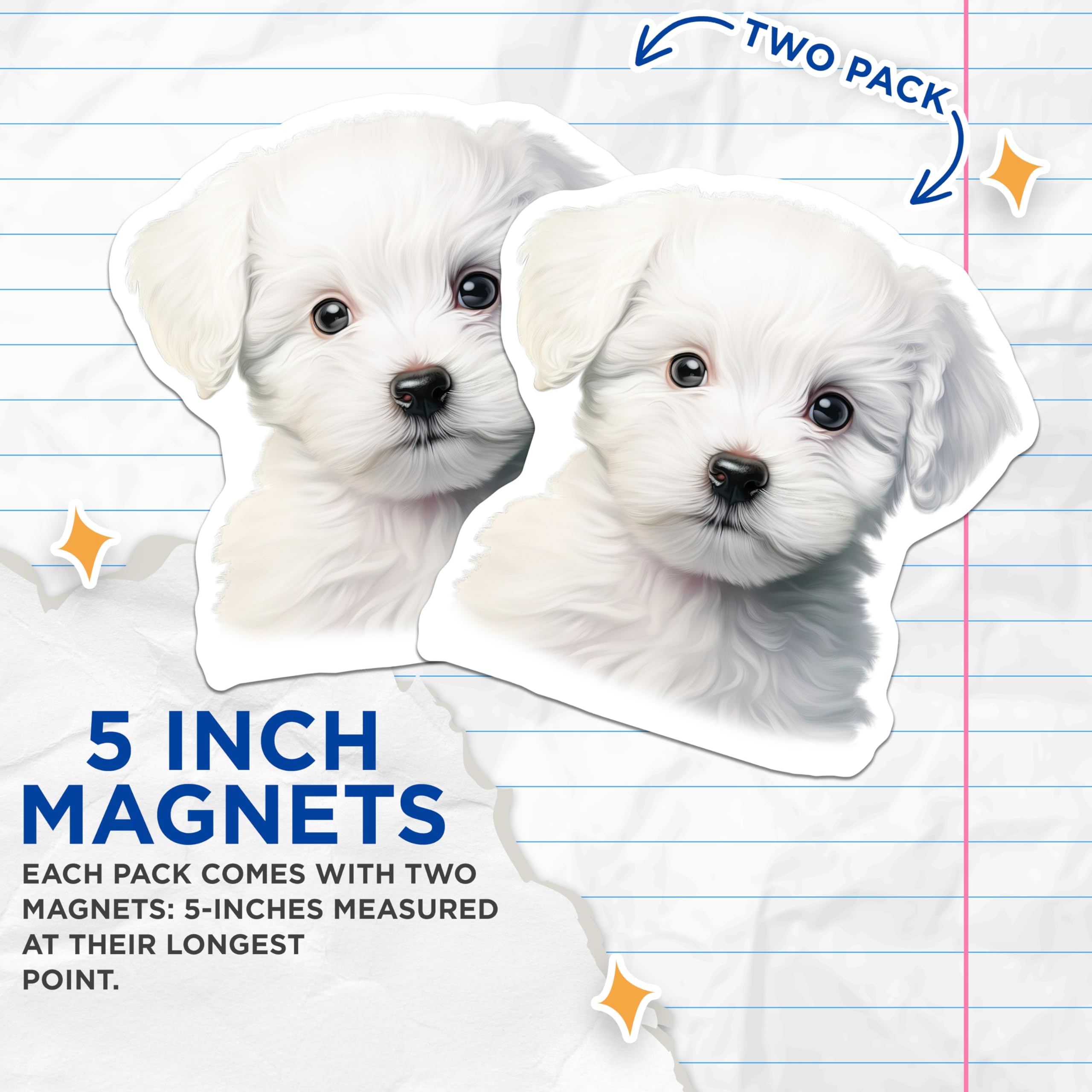 (2 Pack) White Fluffy Puppy Magnets - Cute Dog Lover Fridge Decor - Pet Animal Car Locker Accessory - 5 Inches On Longest Side - Thick Durable Magnet - Made in USA - MAG27714