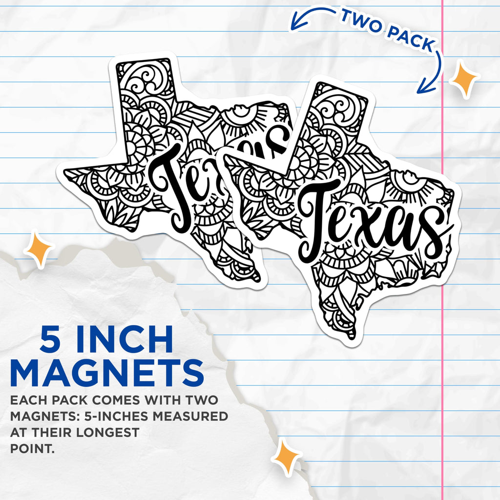 (2 Pack) Texas Magnets - Mandala State Art - Lone Star Decor - Texas Pride Keepsake - 5 Inches On Longest Side - Thick Durable Magnet - Made in USA - MAG19024