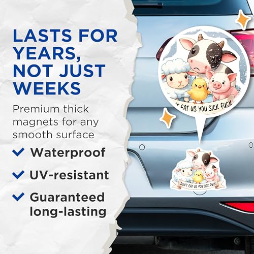 (2 Pack) Farm Animals Magnet - Vegan Lifestyle Decor - Cute Animal Sticker - 5" On Longest Side - Sticks to Smooth Flat Surfaces - Made in USA - MAG9684