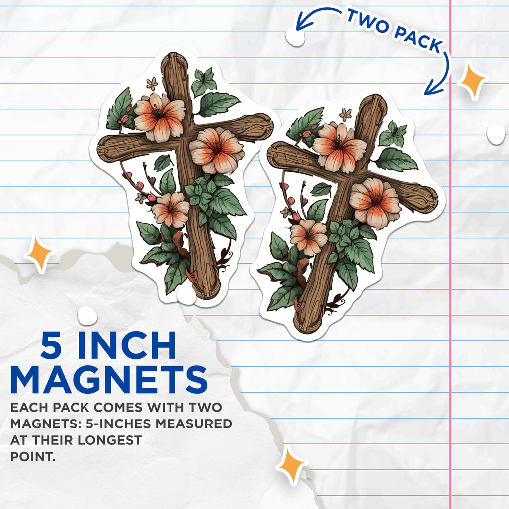 (2 Pack) Christian Cross Magnets - Rustic Floral Design - Spiritual Faith Devotion - Religious Home Accent - 5 Inches On Longest Side - Thick Durable Magnet - Made in USA - MAG24511