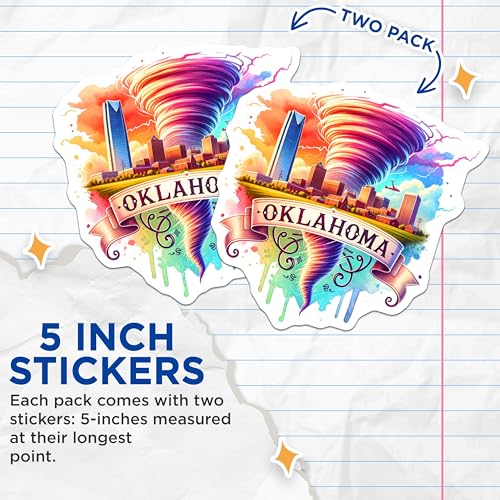 (2 Pack) Oklahoma Tornado City Stickers - Oklahoma City Skyline - Tornado Art Stickers - 5" On Longest Side - Sticks to Smooth Flat Surfaces - Made in USA - BMCS6600