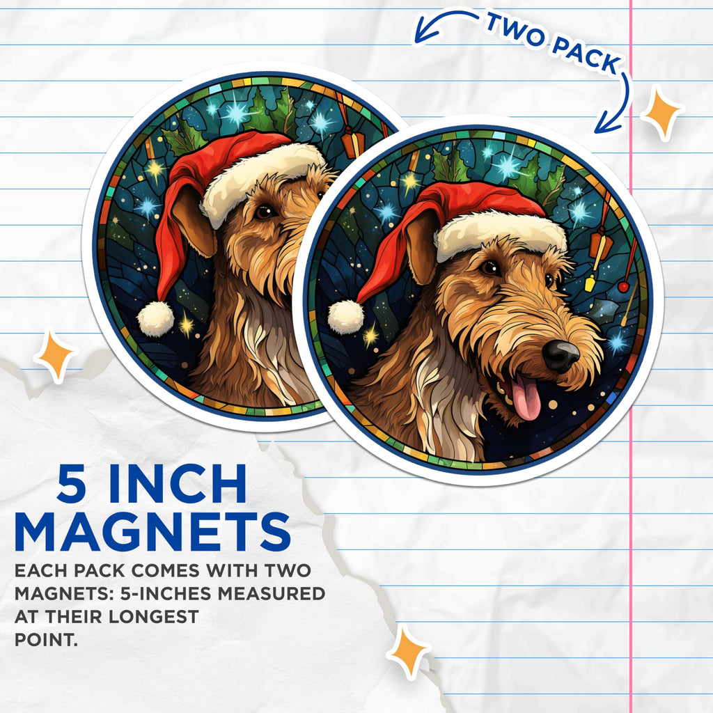 (2 Pack) Christmas Dog Magnets - Stained Glass Pet Art - Airedale Terrier Holiday Decor - 5 Inches On Longest Side - Thick Durable Magnet - Made in USA - MAG30813