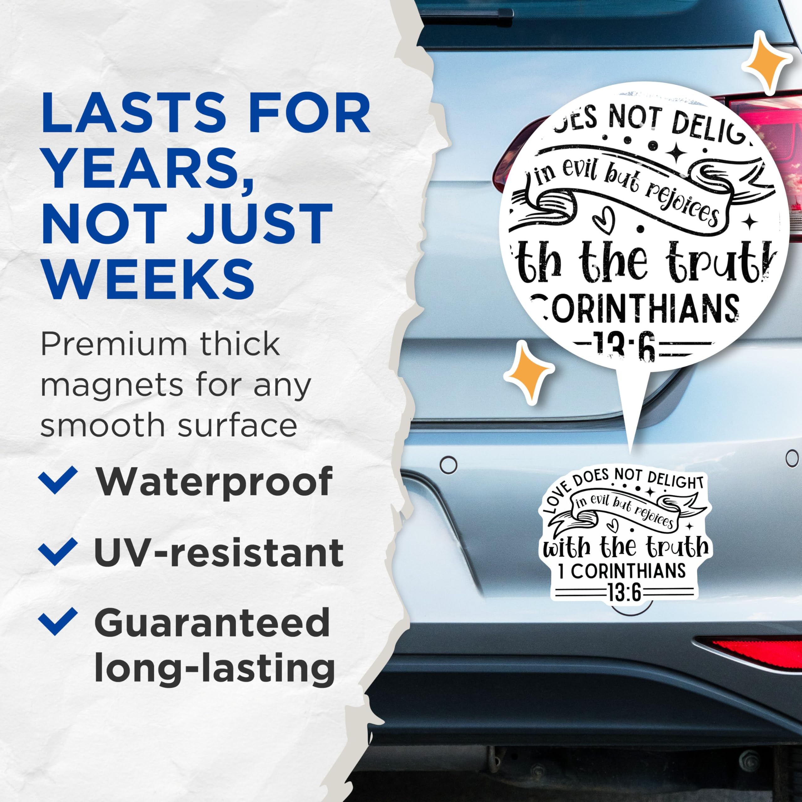 (2 Pack) Inspirational Bible Verse Magnets - Love Does Not Delight in Evil - Rejoices with The Truth - 1 Corinthians 13:6-5" On Longest Side - for Cars, Fridges, Toolboxes - Made in USA - MAG3856