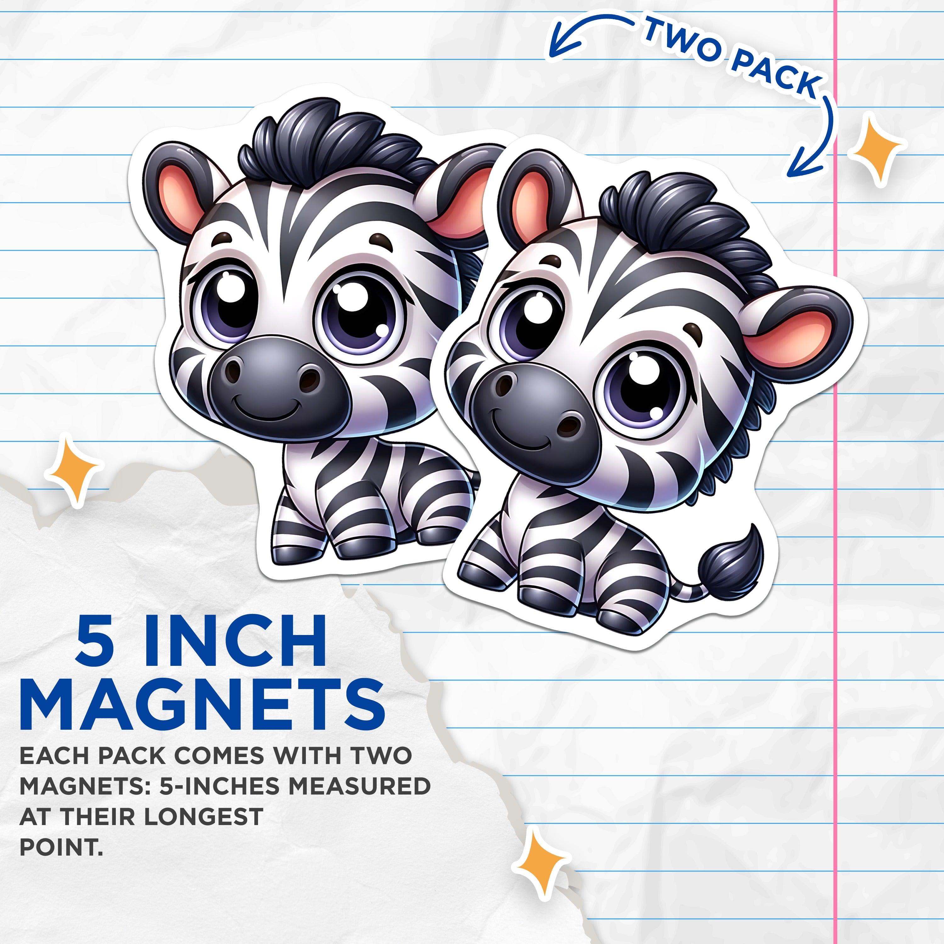 (2 Pack) Cute Zebra Magnets - Chibi Animal Refrigerator Decor - Nursery Room Kids Safari Zoo Fun Fridge Magnet - 5 Inches On Longest Side - Thick Durable Magnet - Made in USA - MAG38155