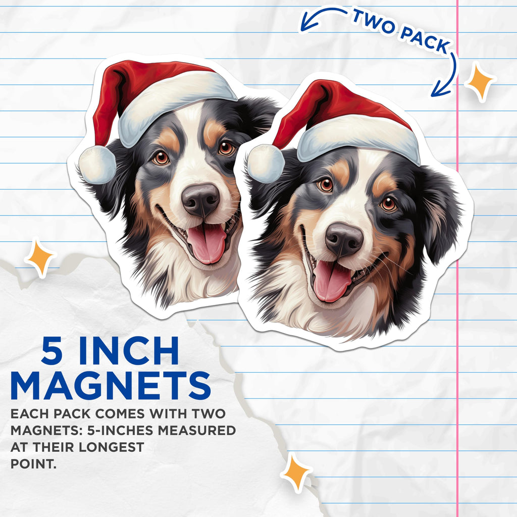 (2 Pack) Christmas Australian Shepherd Magnets - Holiday Dog Decor - Pet Parent Refrigerator Art - 5 Inches On Longest Side - Thick Durable Magnet - Made in USA - MAG27228