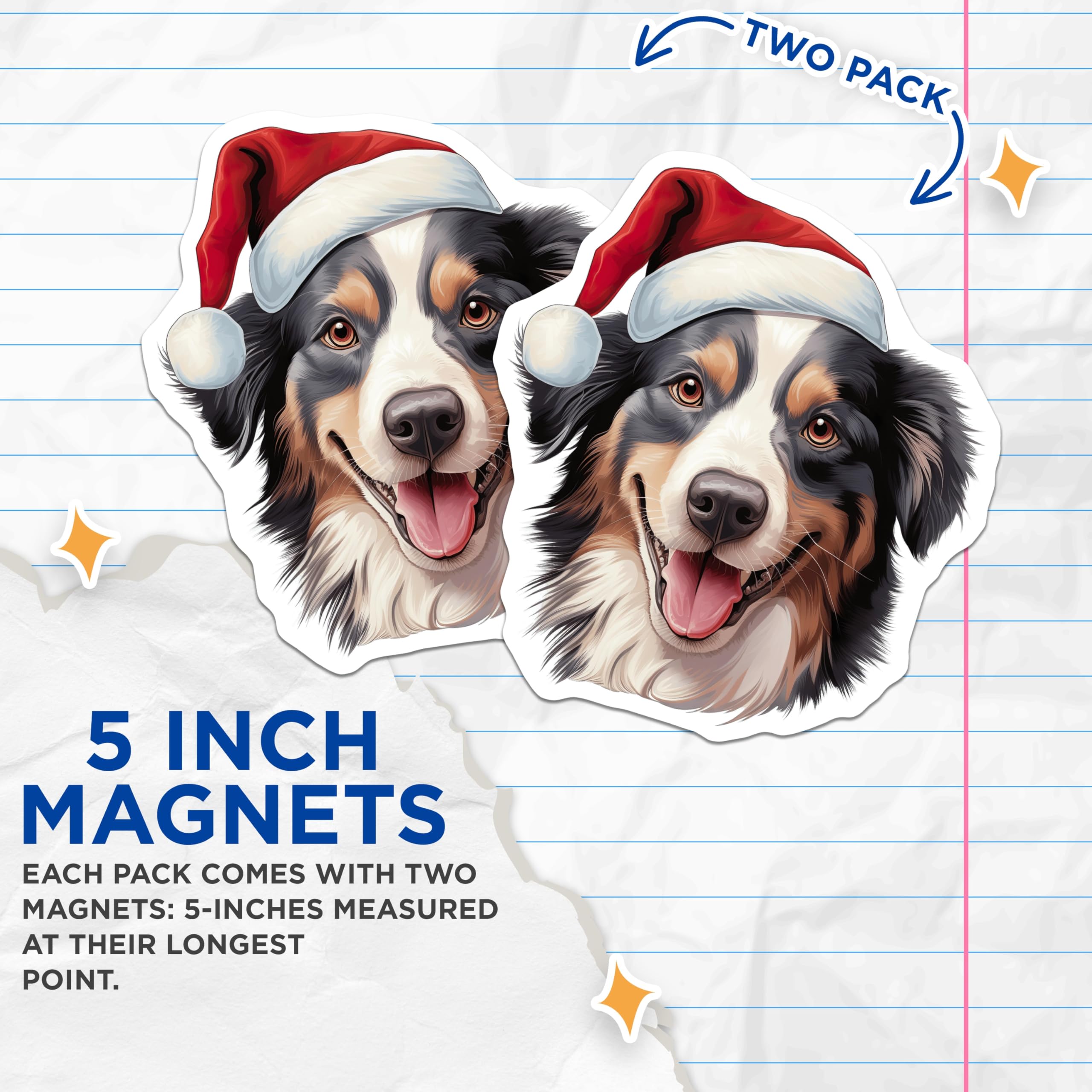 (2 Pack) Christmas Australian Shepherd Magnets - Holiday Dog Decor - Pet Parent Refrigerator Art - 5 Inches On Longest Side - Thick Durable Magnet - Made in USA - MAG27228
