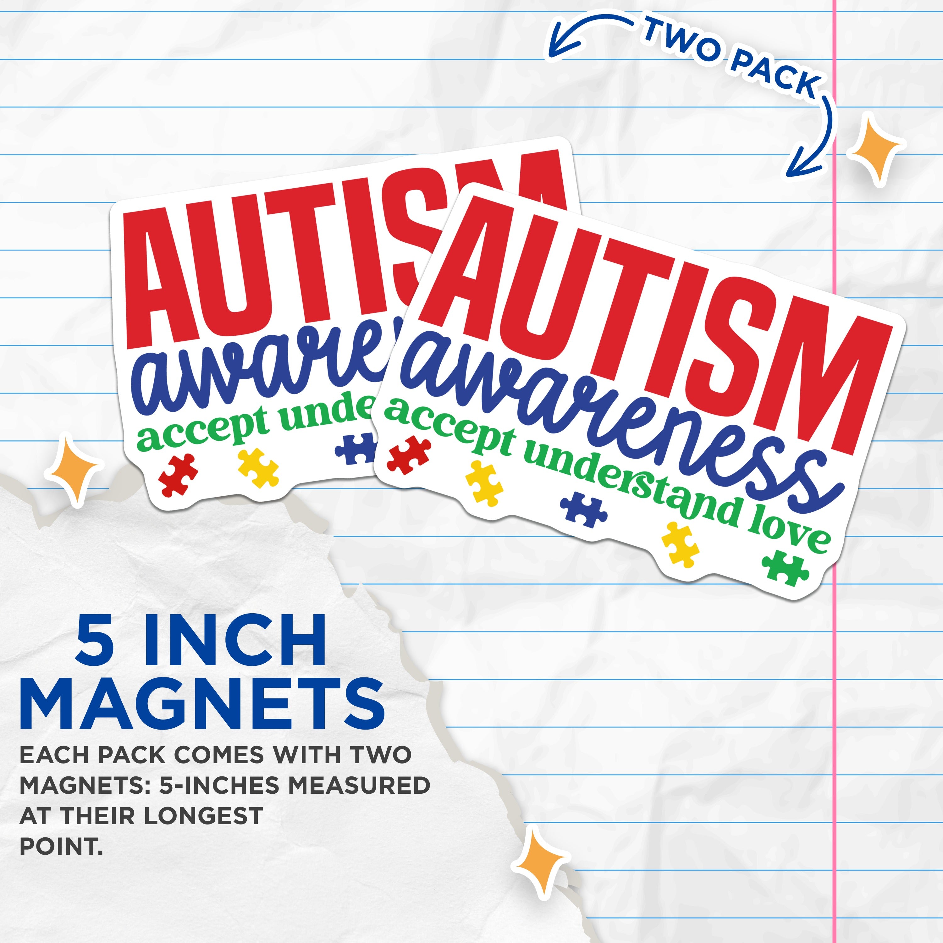(2 Pack) Autism Awareness Magnets - Neurodiversity Support - Accept Understand Love Icon - 5 Inches On Longest Side - Thick Durable Magnet - Made in USA - MAG36799