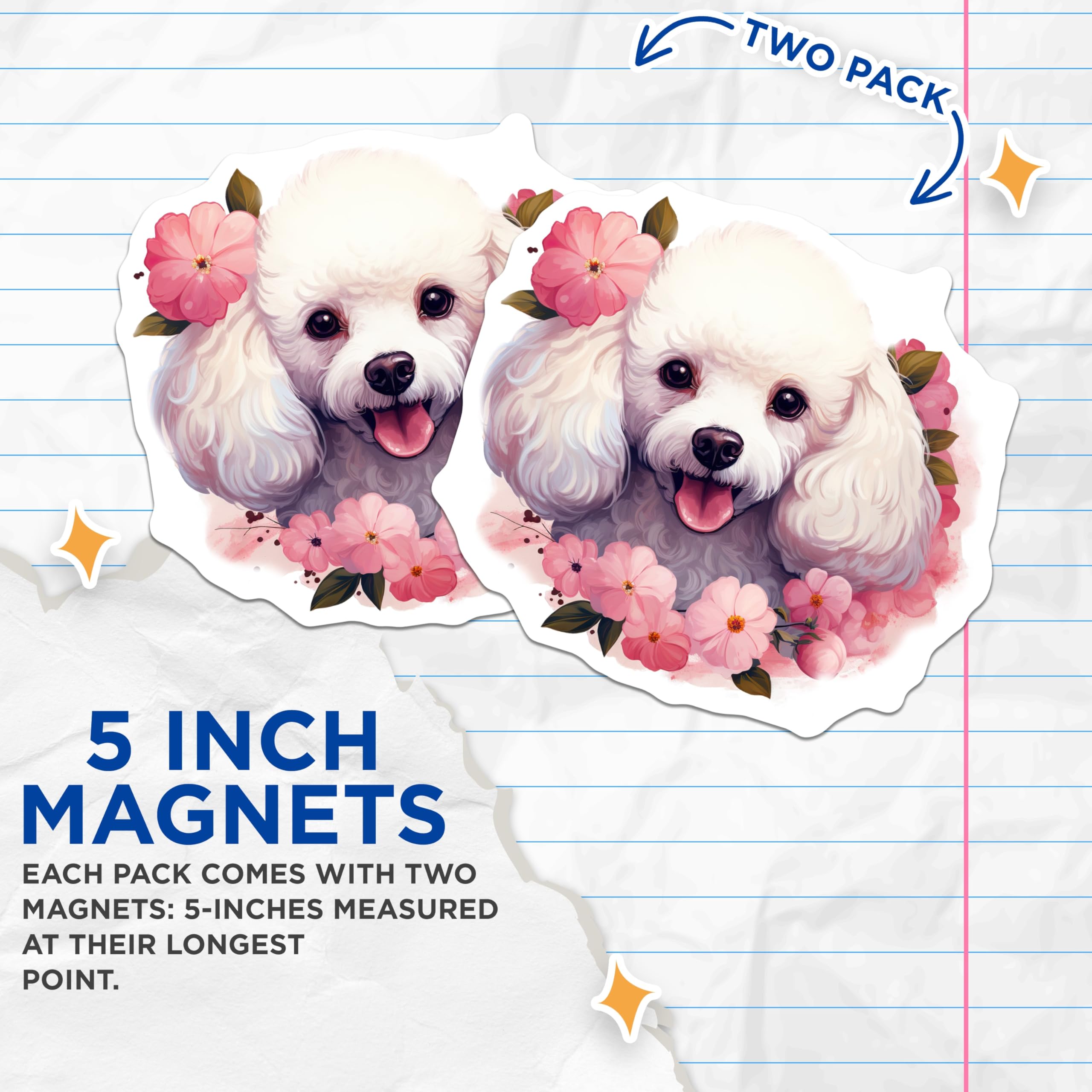 (2 Pack) White Poodle Magnets - Cute Pet Art Illustration - Pink Floral Puppy Decor - Animal Lover Fridge Magnet - 5 Inches On Longest Side - Thick Durable Magnet - Made in USA - MAG24620