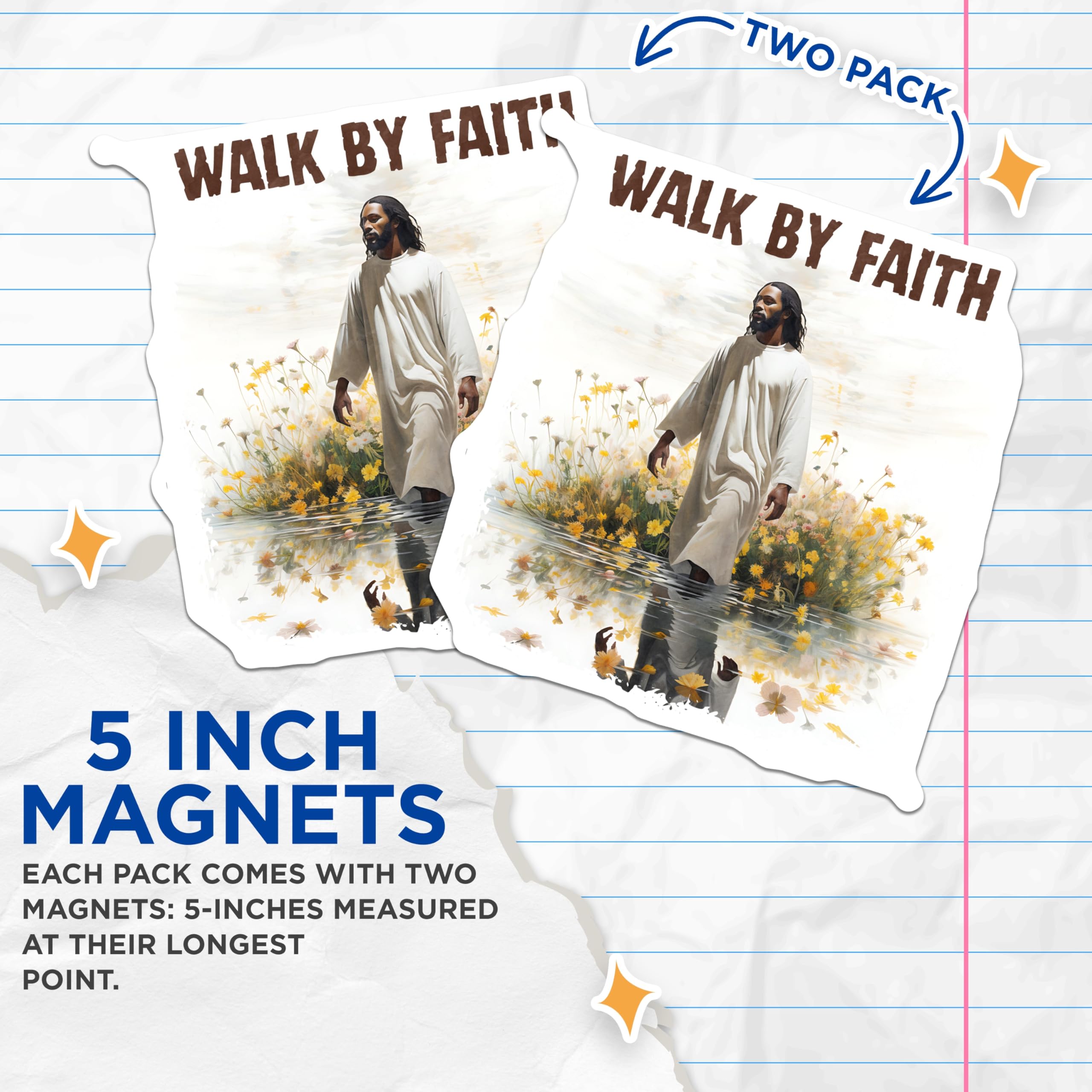 (2 Pack) Walk by Faith Jesus Magnets - Christian Inspirational Decor - Spiritual Reflection Art - Religious Home Accent - 5 Inches On Longest Side - Thick Durable Magnet - Made in USA - MAG22353