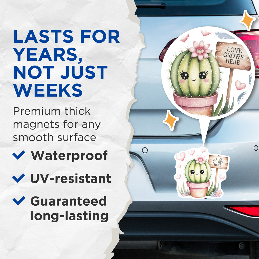 (2 Pack) Love Grows Here Magnets - Kawaii Cactus Decor - Positive Affirmation Plant Lover Aesthetic Fridge Locker Magnet - 5 Inches On Longest Side - Thick Durable Magnet - Made in USA - MAG38765