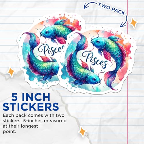 (2 Pack) Pisces Zodiac Stickers - Colorful Fish Stickers - Astrological Sign Stickers - 5" On Longest Side - Sticks to Smooth Flat Surfaces - Made in USA - BMCS7025