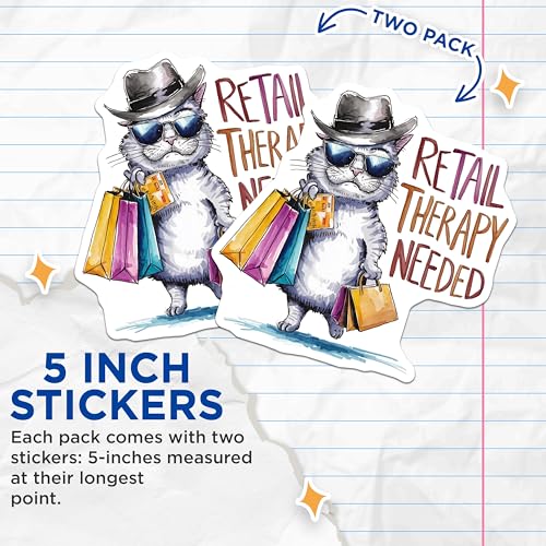 (2 Pack) Cat Shopping Stickers - Funny Retail Therapy Decor - Cute Animal Quotes - 5" On Longest Side - Sticks to Smooth Flat Surfaces - Made in USA - BMCS8541