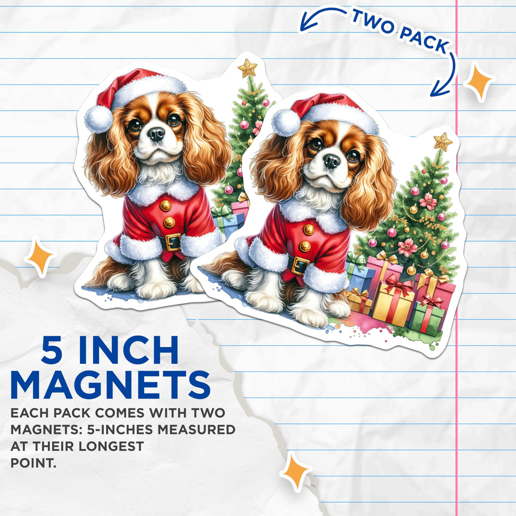 (2 Pack) Cavalier Christmas Magnets - Santa Dog Holiday Decor - Cute Animal Fridge Art - 5 Inches On Longest Side - Thick Durable Magnet - Made in USA - MAG29606