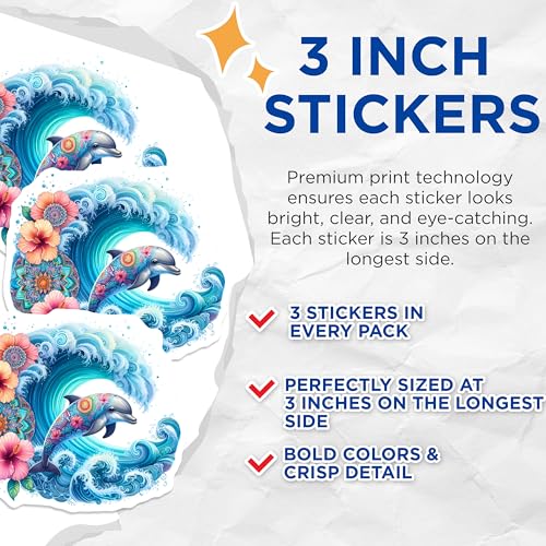 (3 Pack) Dolphin Ocean Wave Decals - Tropical Flower Laptop Decal - Colorful Sea Decals - 3 Inches On Longest Side - Easy Peel & Apply - Made in USA - 3MCS8250