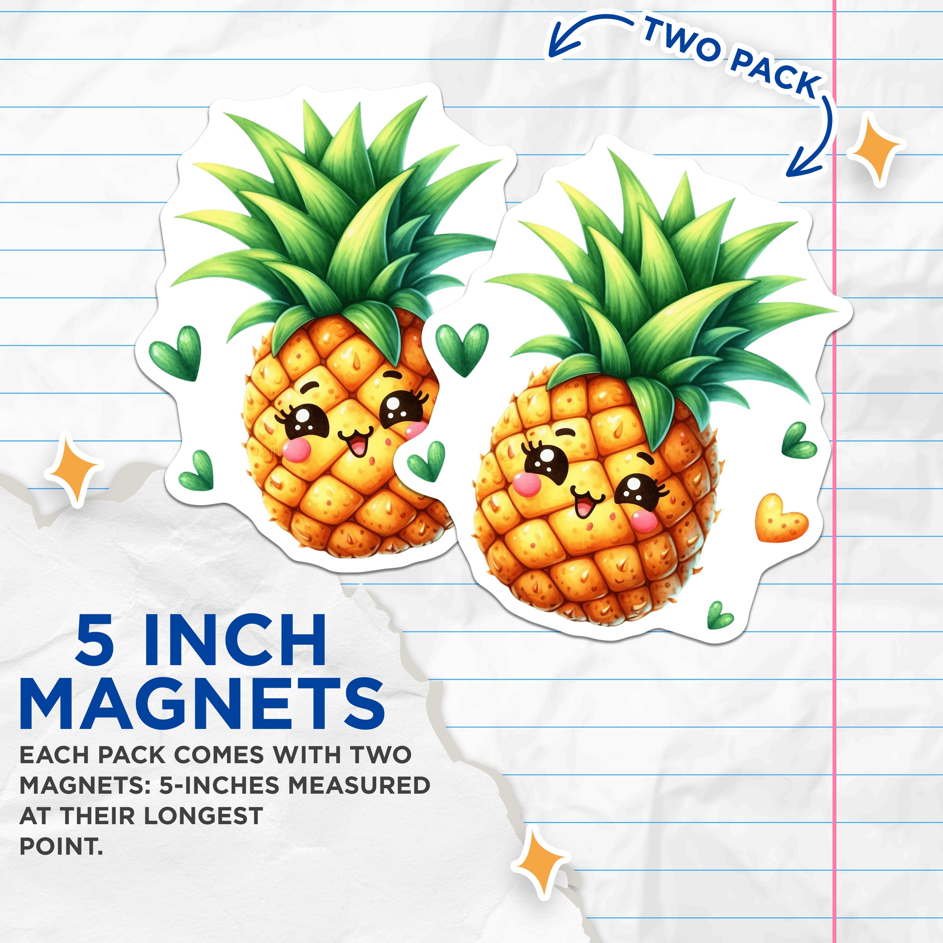 (2 Pack) Kawaii Pineapple Magnets - Cute Fruit Decor - Tropical Fridge Accessory - Happy Locker Magnet - 5 Inches On Longest Side - Thick Durable Magnet - Made in USA - MAG36798