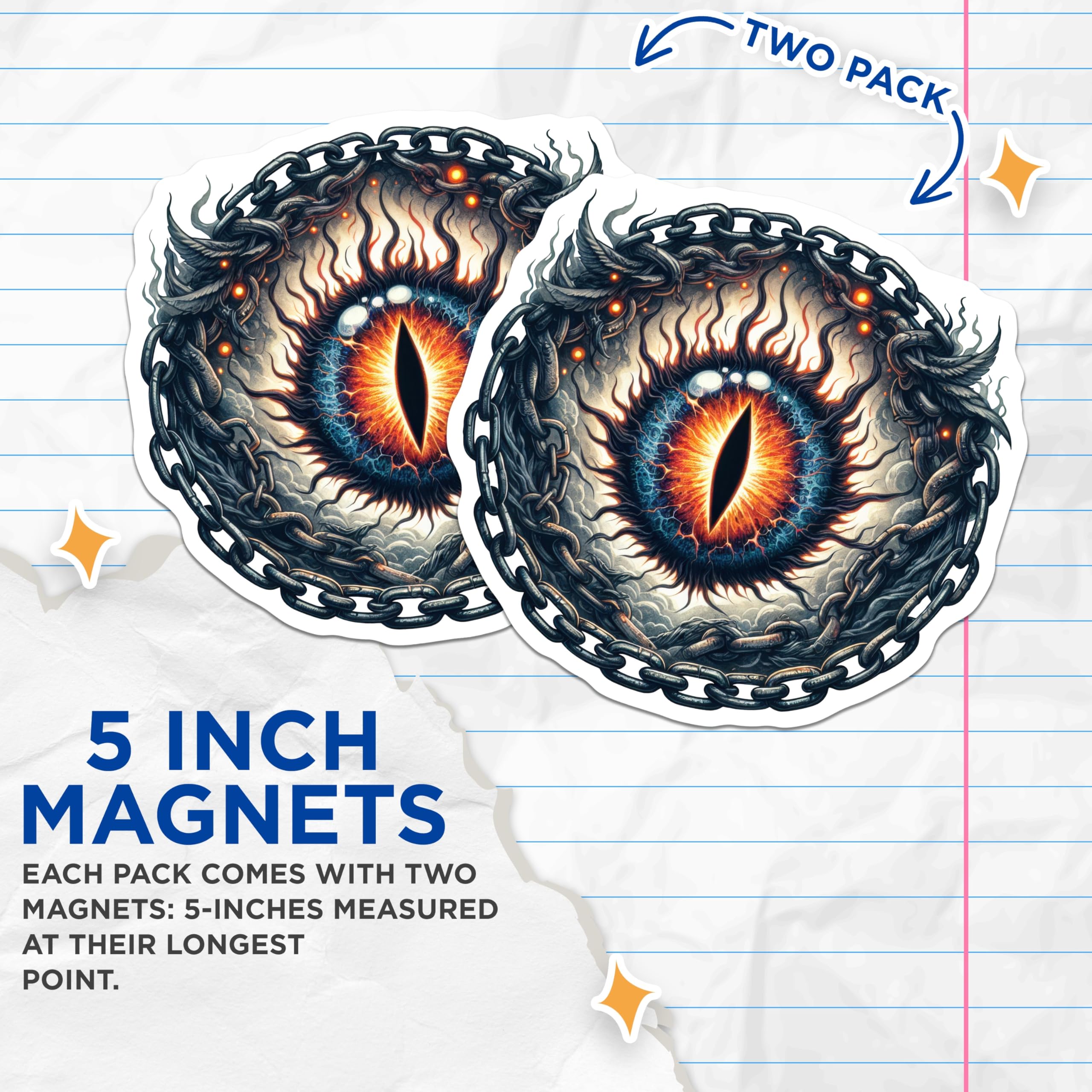 (2 Pack) Fiery Serpent Eye Magnets - Chained Demonic Gaze - Mystical Creature Decor - 5 Inches On Longest Side - Thick Durable Magnet - Made in USA - MAG22785