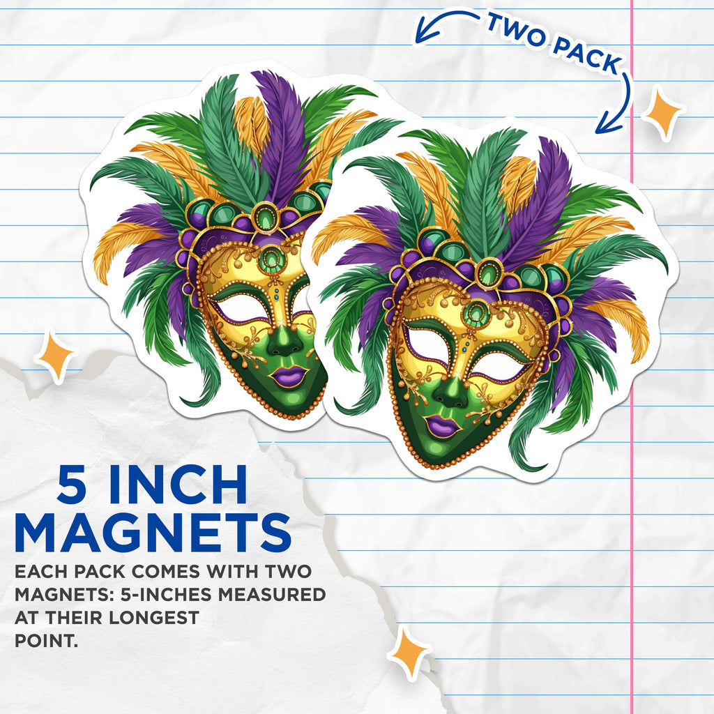 (2 Pack) Mardi Gras Mask Magnets - New Orleans Decor - Fat Tuesday Celebration Art - 5 Inches On Longest Side - Thick Durable Magnet - Made in USA - MAG39010