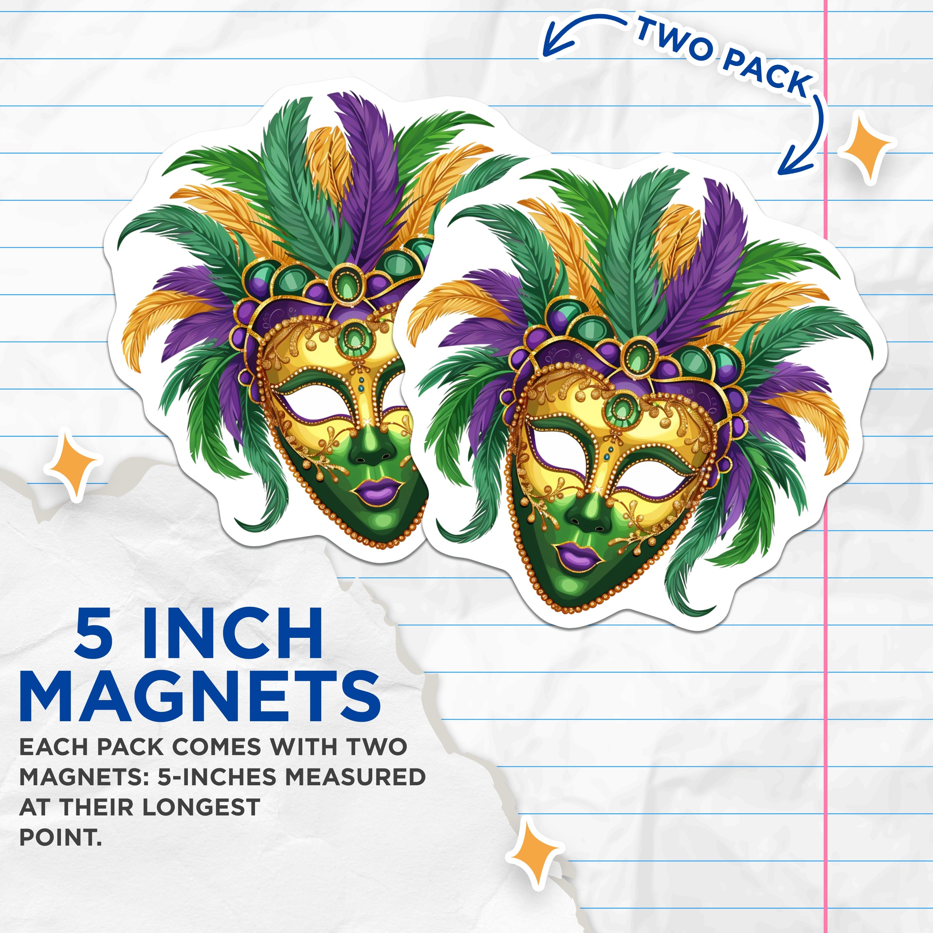(2 Pack) Mardi Gras Mask Magnets - New Orleans Decor - Fat Tuesday Celebration Art - 5 Inches On Longest Side - Thick Durable Magnet - Made in USA - MAG39010