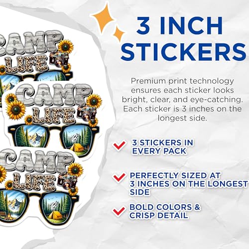 (3 Pack) Camp Life Decals - Outdoor Adventure Sticker - Sunflower Camera Laptop Decal - 3 Inches On Longest Side - Easy Peel & Apply - Made in USA - 3MCS2057