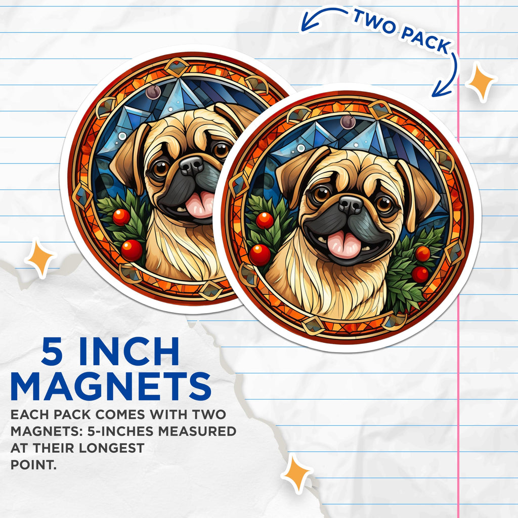 (2 Pack) Stained Glass Pug Magnets - Dog Art Refrigerator Decor - Pet Lover Home Decor - Holiday Pug Collectible - 5 Inches On Longest Side - Thick Durable Magnet - Made in USA - MAG25027
