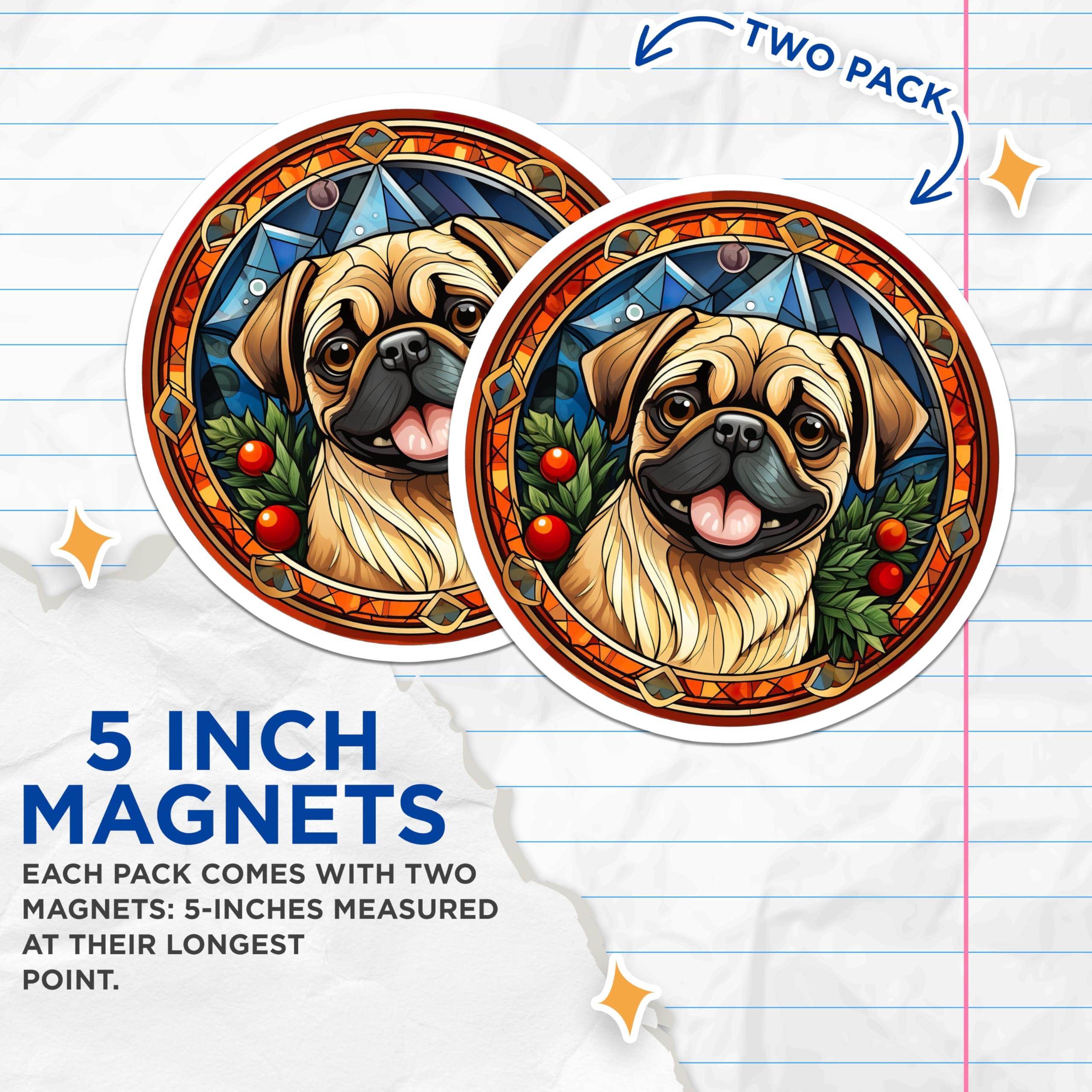 (2 Pack) Stained Glass Pug Magnets - Dog Art Refrigerator Decor - Pet Lover Home Decor - Holiday Pug Collectible - 5 Inches On Longest Side - Thick Durable Magnet - Made in USA - MAG25027