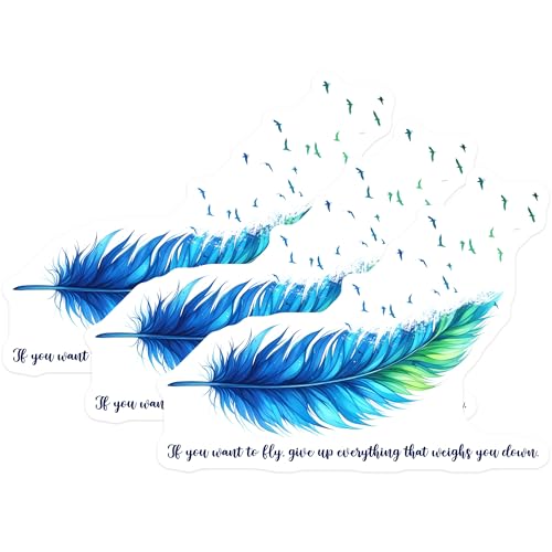 (3 Pack) Feather Decals - Inspirational Quote - Blue Green Art - Laptop Decals - 3 Inches On Longest Side - Easy Peel & Apply - Made in USA - 3MCS6318