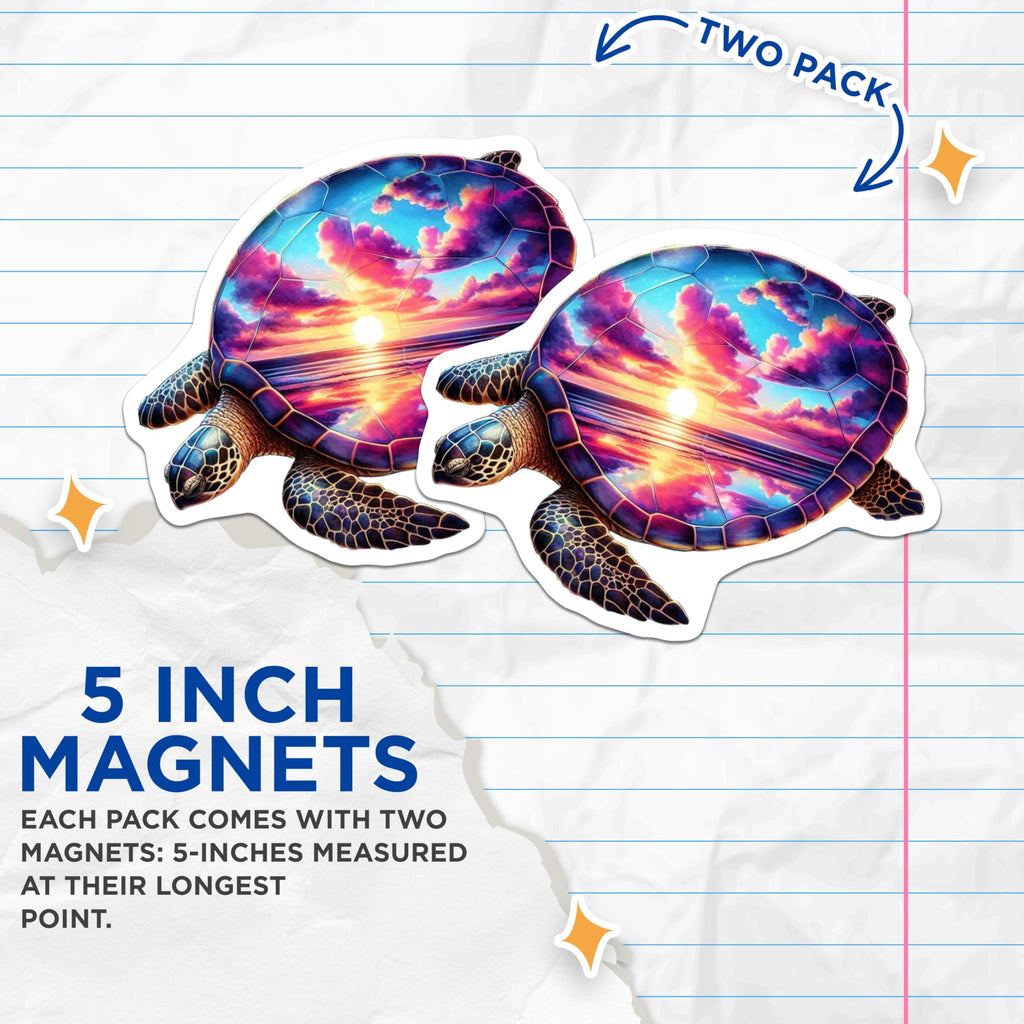 (2 Pack) Captivating Sea Turtle Magnets - Vibrant Sunset Ocean Shell Art - Unique Marine Life Fridge Decor - 5 Inches On Longest Side - Thick Durable Magnet - Made in USA - MAG20334