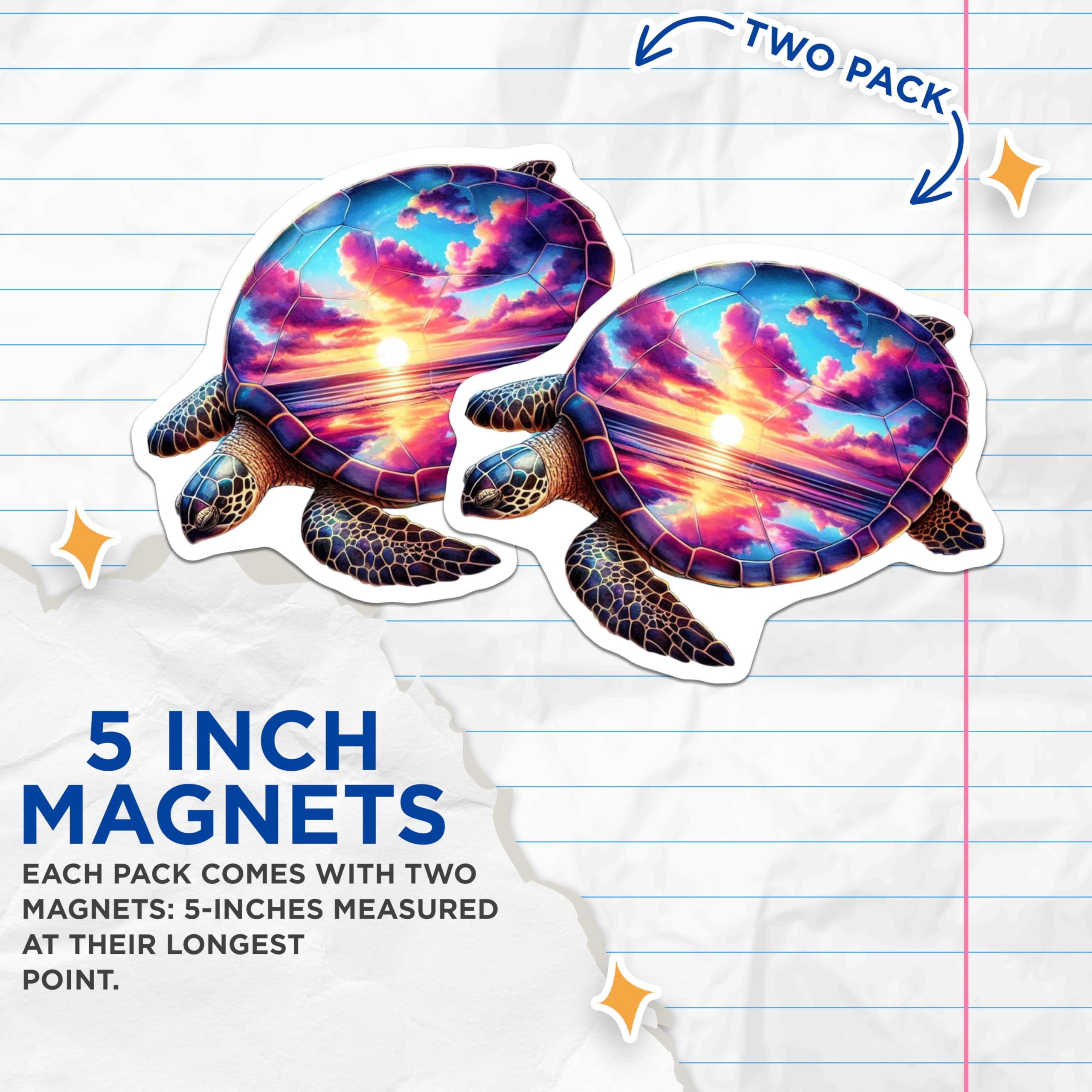(2 Pack) Captivating Sea Turtle Magnets - Vibrant Sunset Ocean Shell Art - Unique Marine Life Fridge Decor - 5 Inches On Longest Side - Thick Durable Magnet - Made in USA - MAG20334