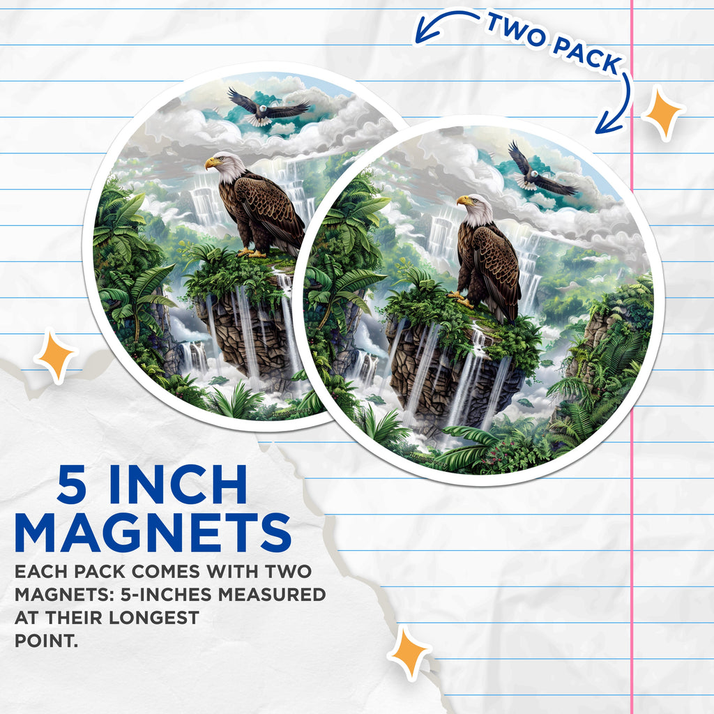 (2 Pack) Bald Eagle Magnets - Majestic Wildlife Art - Fantasy Waterfall Landscape Scene - Nature Decor for Fridge Locker - 5 Inches On Longest Side - Thick Durable Magnet - Made in USA - MAG39007