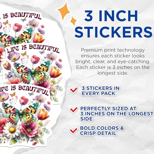 (3 Pack) Floral Butterfly Decals - Life is Beautiful Sticker - Laptop Decals - 3 Inches On Longest Side - Easy Peel & Apply - Made in USA - 3MCS0074