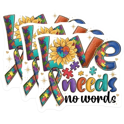 (3 Pack) Autism Awareness Decals - Love Needs No Words - Puzzle Piece Ribbon Decal - 3 Inches On Longest Side - Easy Peel & Apply - Made in USA - 3MCS2930