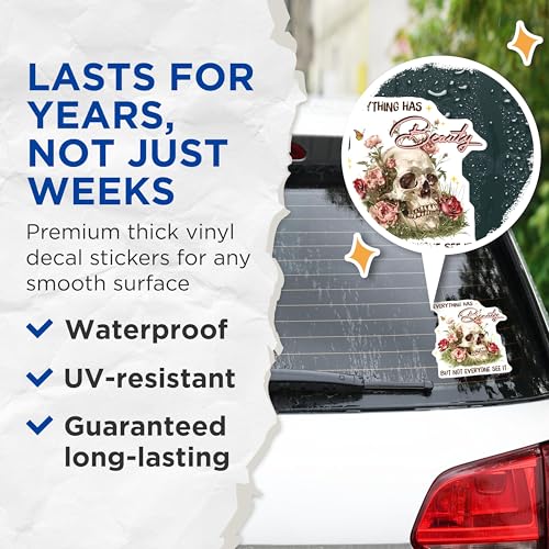 (2 Pack) Skull Floral Beauty Stickers - Inspirational Quote - Unique Skull Art - 5" On Longest Side - Sticks to Smooth Flat Surfaces - Made in USA - BMCS9037 - BMCS9037