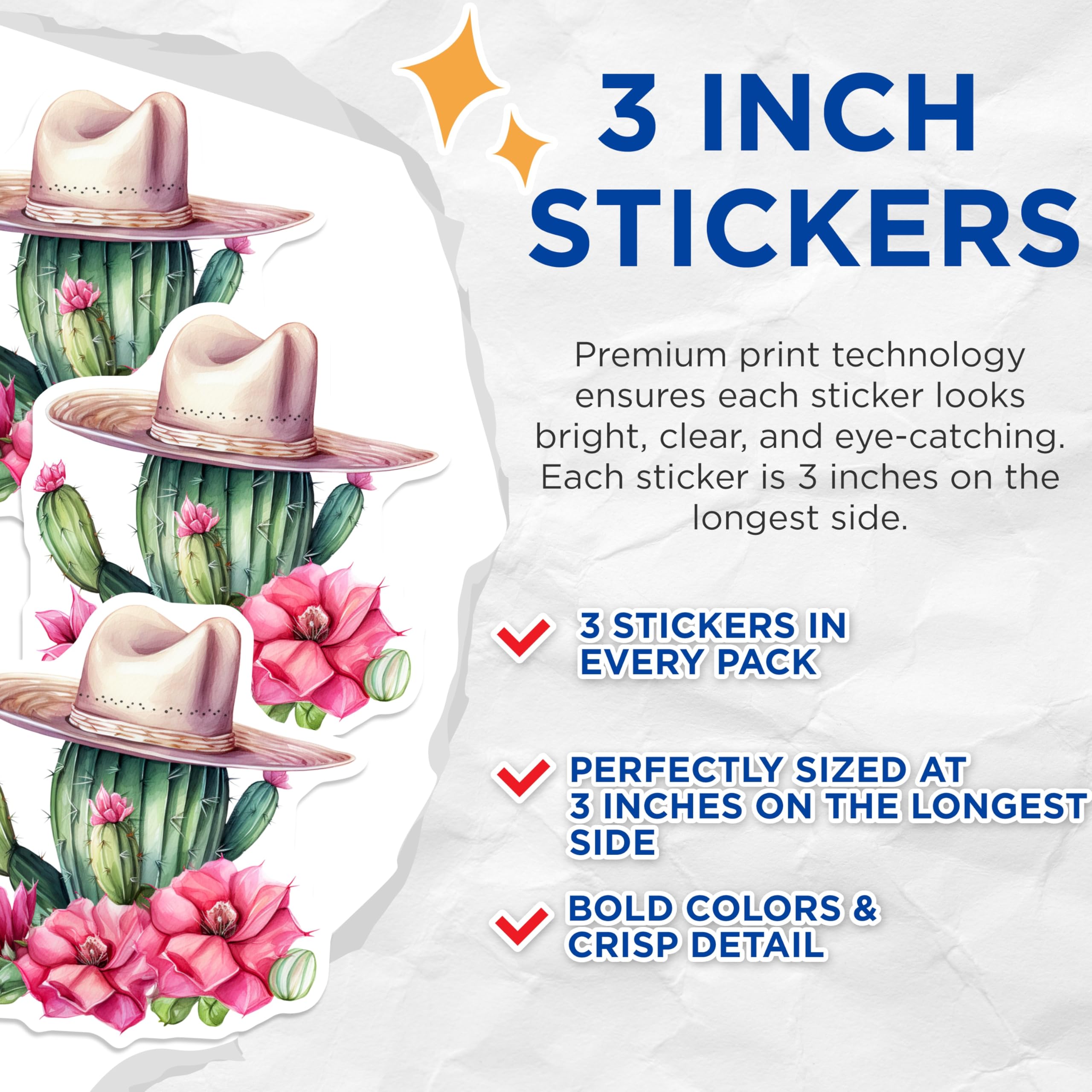(3 Pack) Cactus Decals - Cowboy Hat Flowers Stickers - Laptop Stickers - 3 Inches On Longest Side - Easy Peel & Apply - Made in USA - 3MCS2165