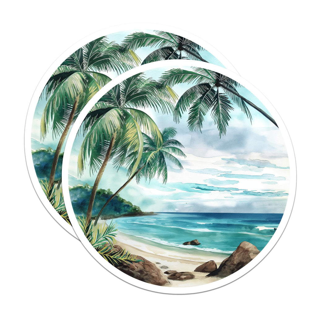 (2 Pack) Tropical Beach Scene Magnets - Watercolor Ocean Landscape - Palm Tree Paradise Art - Coastal Decor Fridge - 5 Inches On Longest Side - Thick Durable Magnet - Made in USA - MAG19677