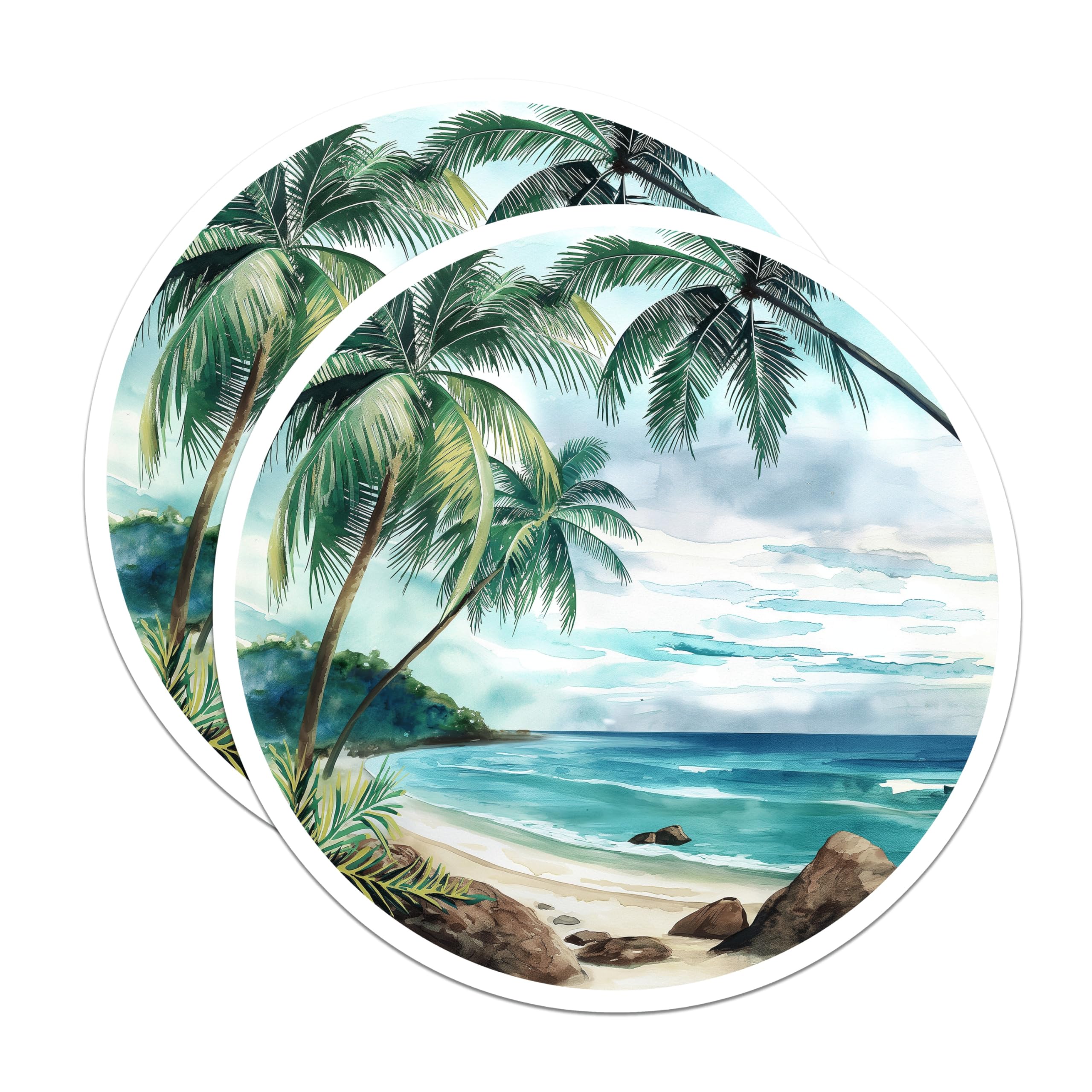 (2 Pack) Tropical Beach Scene Magnets - Watercolor Ocean Landscape - Palm Tree Paradise Art - Coastal Decor Fridge - 5 Inches On Longest Side - Thick Durable Magnet - Made in USA - MAG19677
