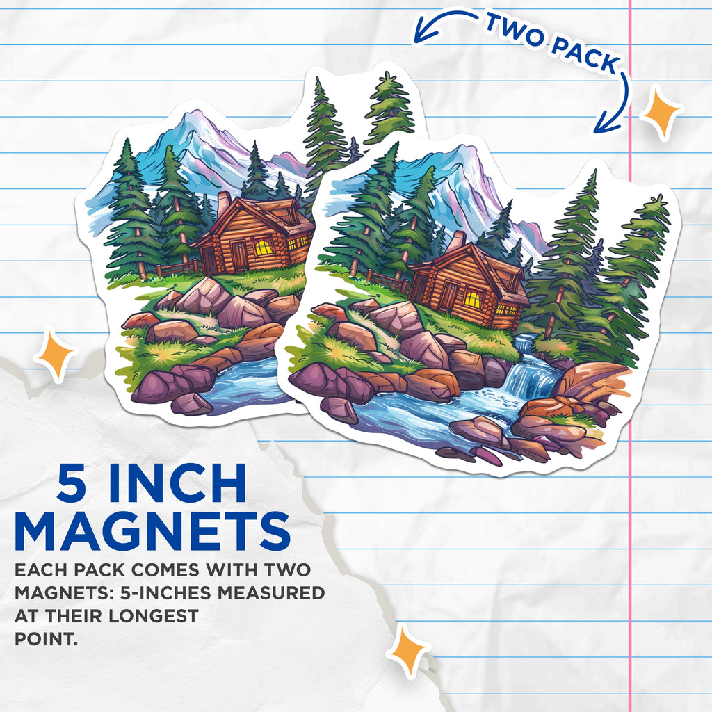 (2 Pack) Mountain Cabin Magnets - Rustic Forest Landscape Art - Serene Waterfall Vista - Outdoors Adventure Decor - 5 Inches On Longest Side - Thick Durable Magnet - Made in USA - MAG37423