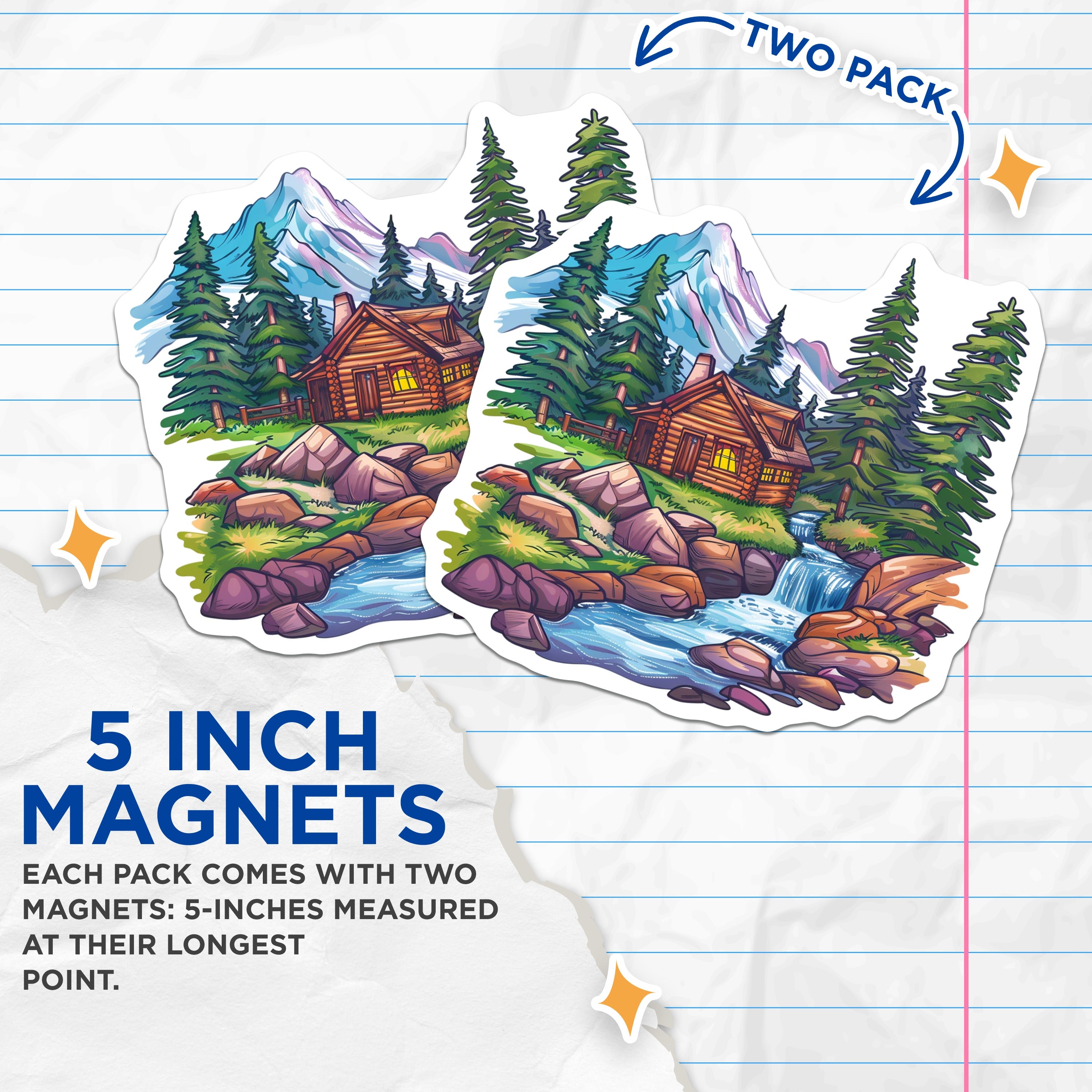 (2 Pack) Mountain Cabin Magnets - Rustic Forest Landscape Art - Serene Waterfall Vista - Outdoors Adventure Decor - 5 Inches On Longest Side - Thick Durable Magnet - Made in USA - MAG37423