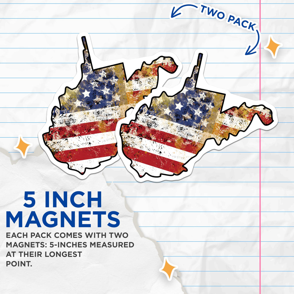 (2 Pack) West Virginia Magnets - American Flag Art - US State Fridge Decor - 5" On Longest Side - Premium Magnet - for Cars, Refrigerators, Toolboxes, Lockers - Made in USA - MAG17477
