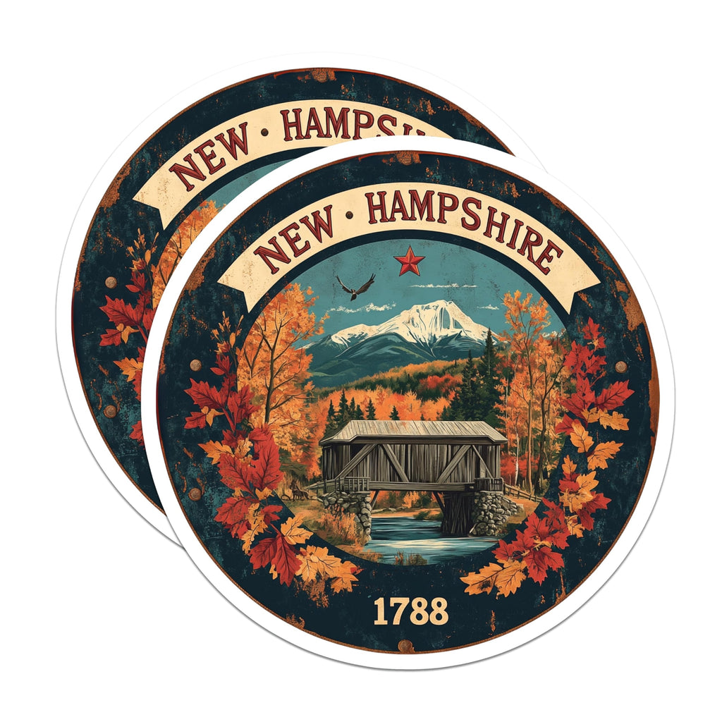 (2 Pack) New Hampshire Stickers - Autumn Foliage - Covered Bridge - Travel Souvenir - 5" On Longest Side - Sticks to Smooth Flat Surfaces - Made in USA - BMCS15664