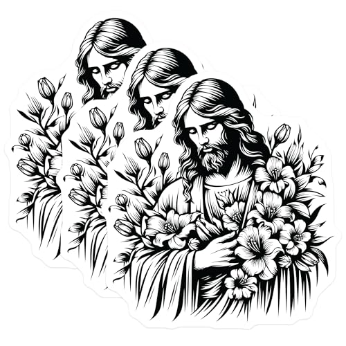 (3 Pack) Jesus Decals - Christ with Flowers - Christian Decals - 3 Inches On Longest Side - Easy Peel & Apply - Made in USA - 3MCS6079