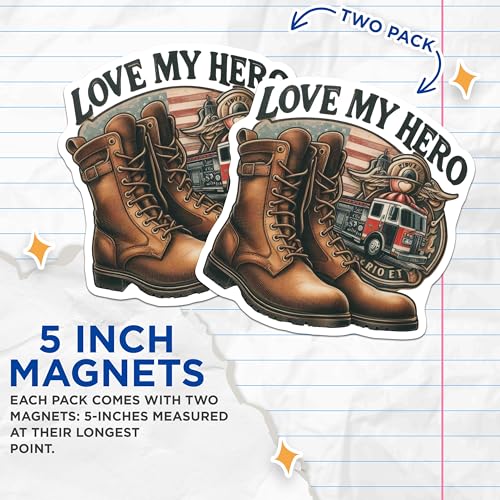 (2 Pack) Love My Hero Magnets - Firefighter Appreciation - Boots and Fire Truck - Heroic Hubby - 5" On Longest Side - for Cars, Fridges, Toolboxes - Made in USA - MAG7254