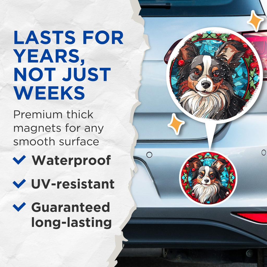 (2 Pack) Australian Shepherd Magnets - Stained Glass Dog Art - Christmas Holiday Decor - 5 Inches On Longest Side - Thick Durable Magnet - Made in USA - MAG26617