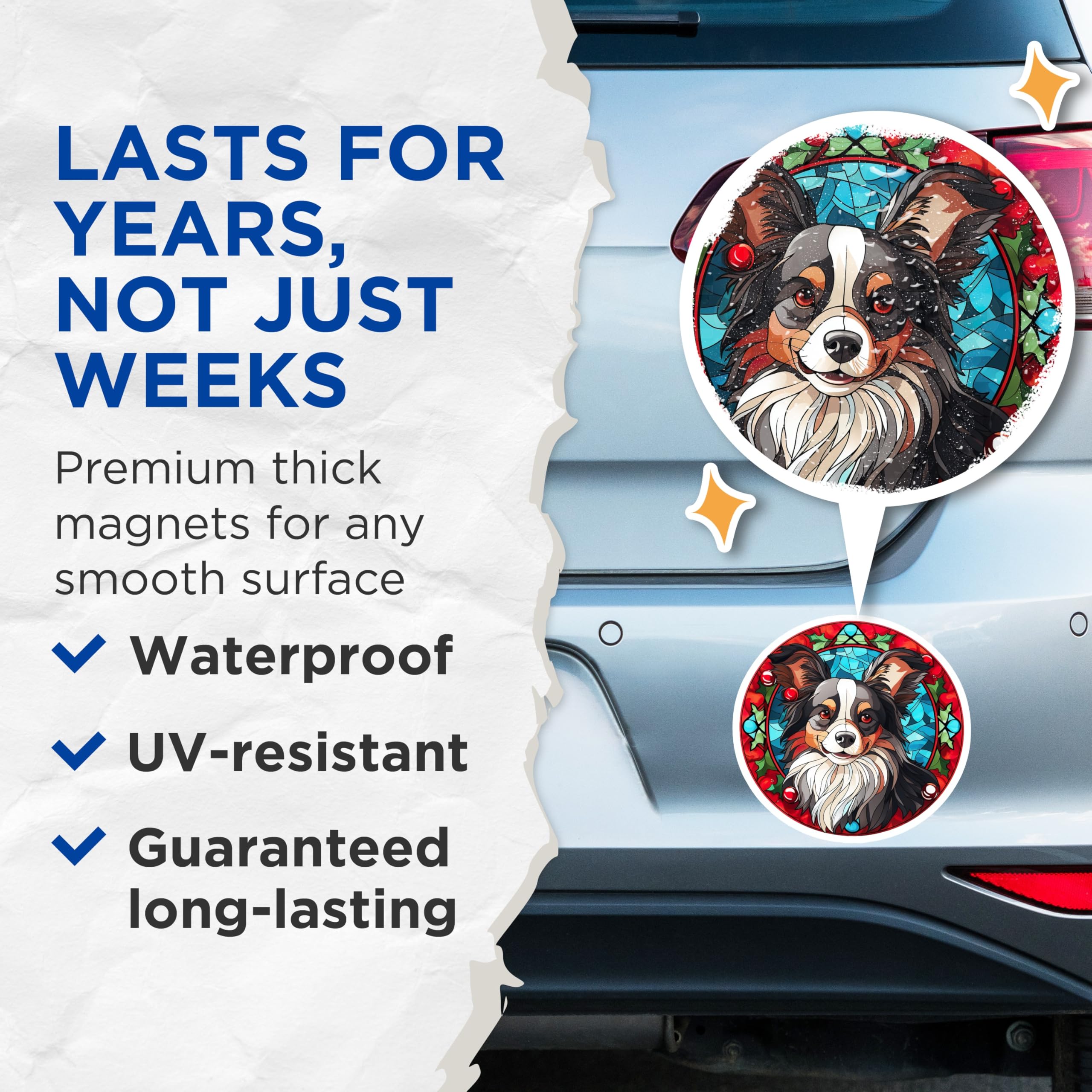 (2 Pack) Australian Shepherd Magnets - Stained Glass Dog Art - Christmas Holiday Decor - 5 Inches On Longest Side - Thick Durable Magnet - Made in USA - MAG26617