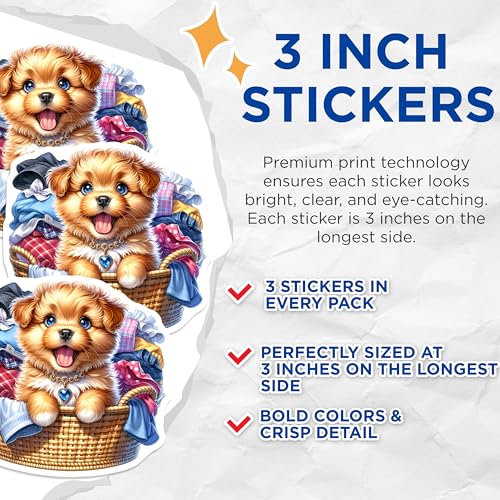 (3 Pack) Puppy in Basket Decals - Cute Dog Stickers - Pet Lover Decals - 3 Inches On Longest Side - Easy Peel & Apply - Made in USA - 3MCS8178