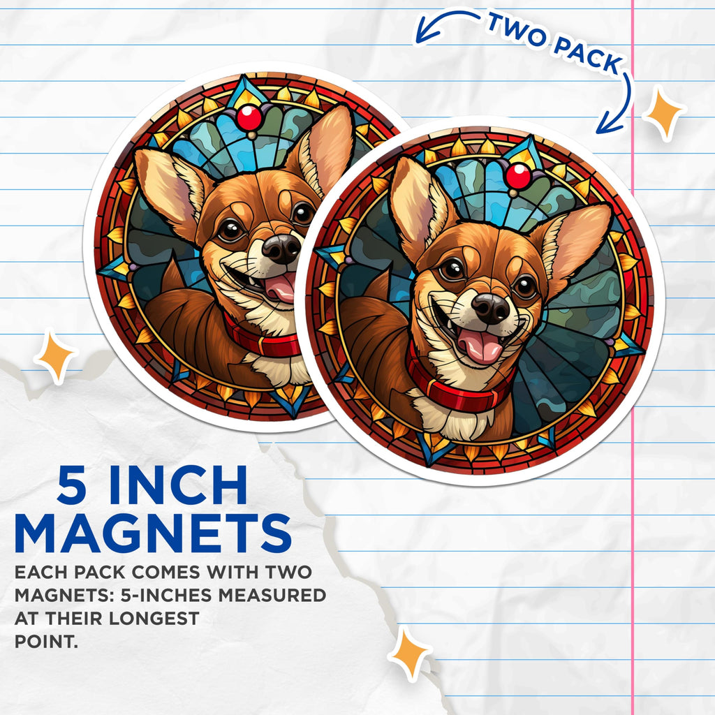(2 Pack) Chihuahua Magnets - Stained Glass Dog Art - Cute Pet Owner Decor - 5 Inches On Longest Side - Thick Durable Magnet - Made in USA - MAG27409
