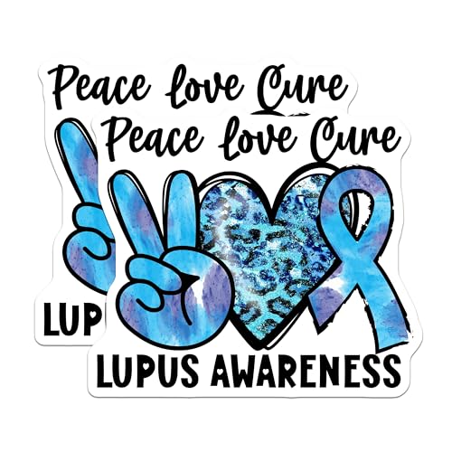 (2 Pack) Peace Love Cure Lupus Awareness Stickers - Blue Awareness Ribbon Decals - Lupus Support Stickers for Laptops - 5" On Longest Side - Sticks to Smooth Flat Surfaces - Made in USA - BMCS4286