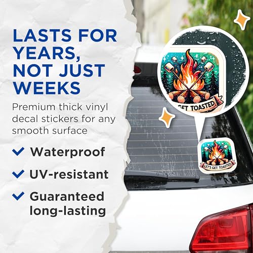 (2 Pack) Let's Get Toasted Stickers - Campfire Stickers - Marshmallow Roasting - Outdoor Adventure Stickers - 5" On Longest Side - Sticks to Smooth Flat Surfaces - Made in USA - BMCS7011